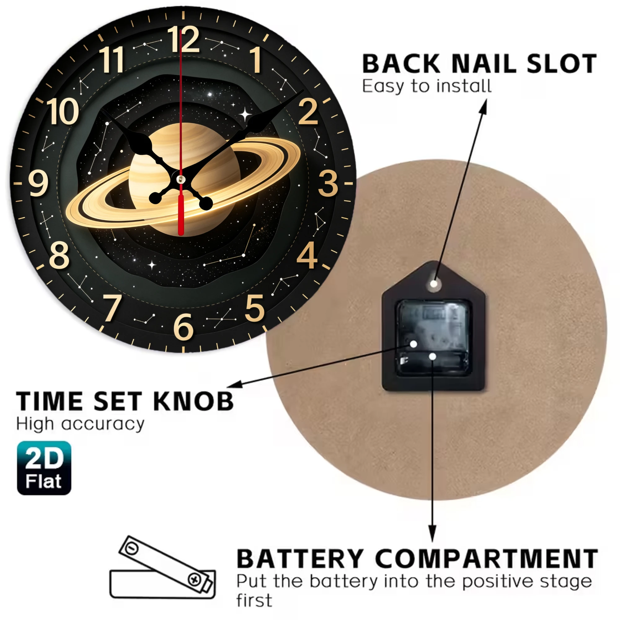 Saturn Planet Galaxy Wooden Wall Clock, 10/12 Inch Round Wood Clock, Silent Non Ticking Quartz Movement, Cosmic Constellation Outer Space Printed Home Decor