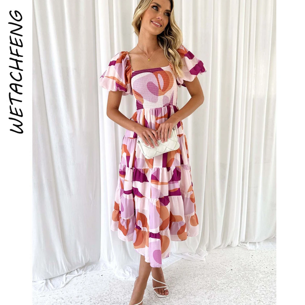 Purple Circle Printed Summer Elegant Women's Dress Summer 2024 Fashion Holiday Puff Sleeve Backless Long Pompon Dress Clothes