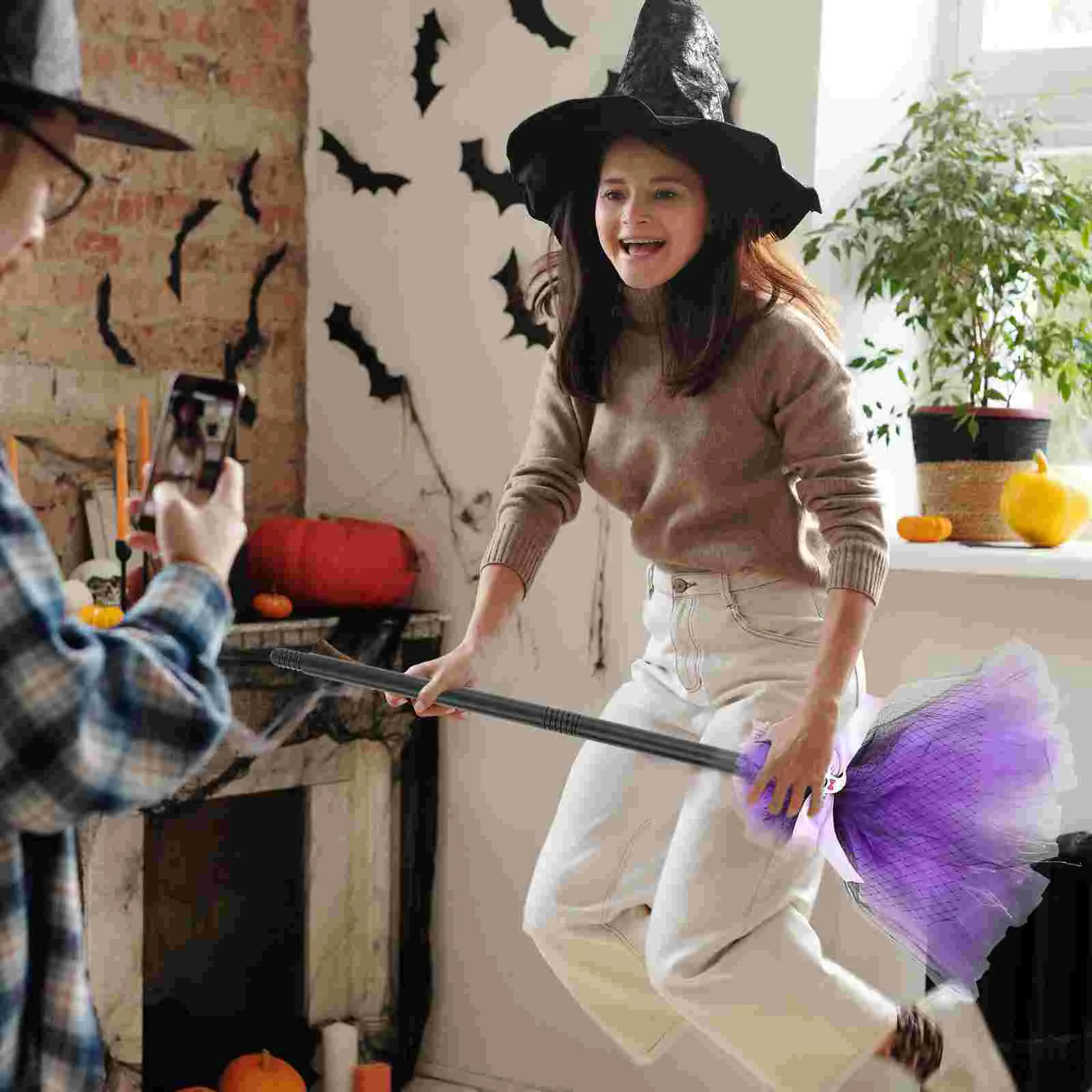 Witch Broom Non Functional Decor Costume Broomstick Party Decoration Cosplay Halloween Fall Plastic Mesh Prop