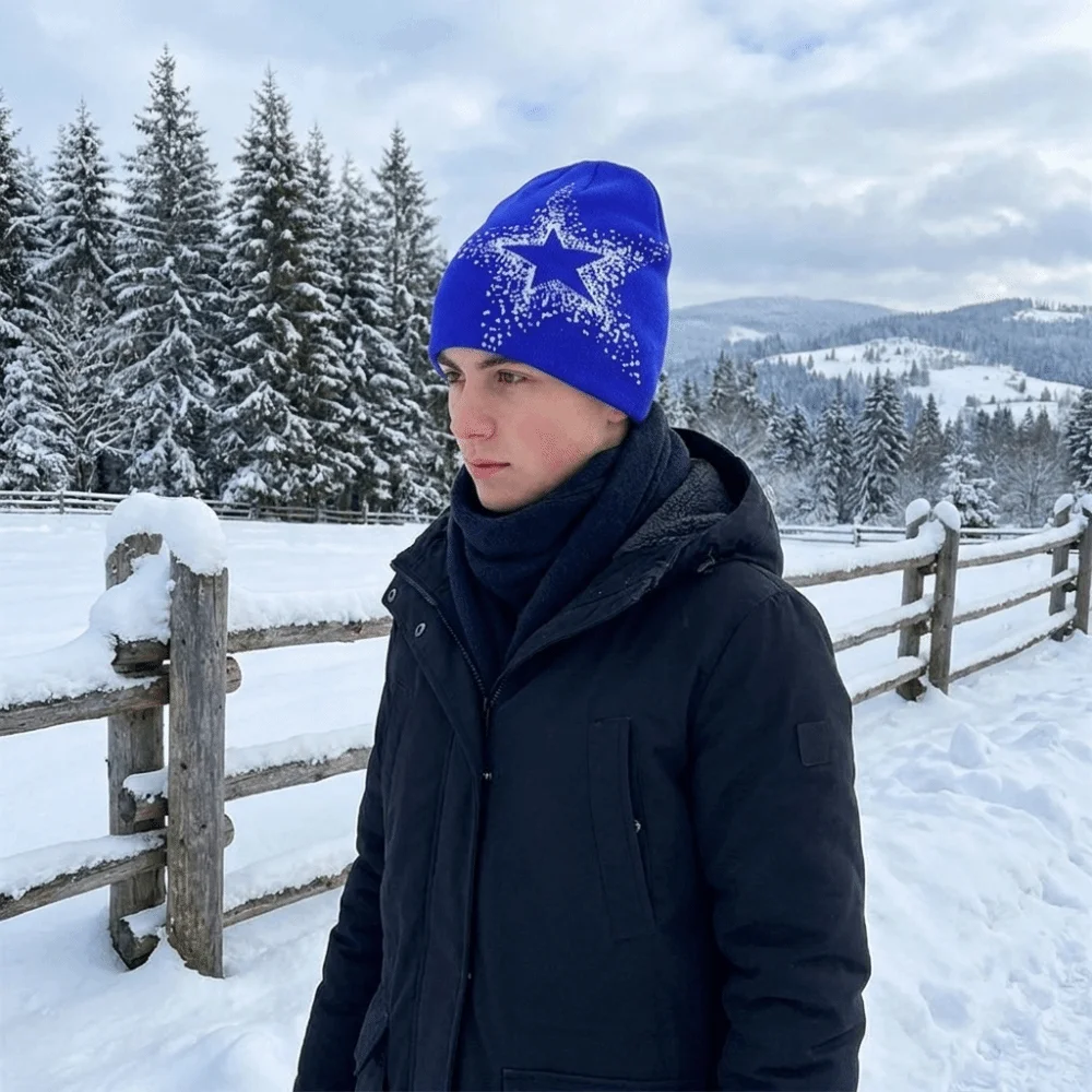 Punk Jacquard Star Knitted Hat Cashmere Warm Pullover Cap Cold Cap Elastic Y2k Beanie Hat Outdoor