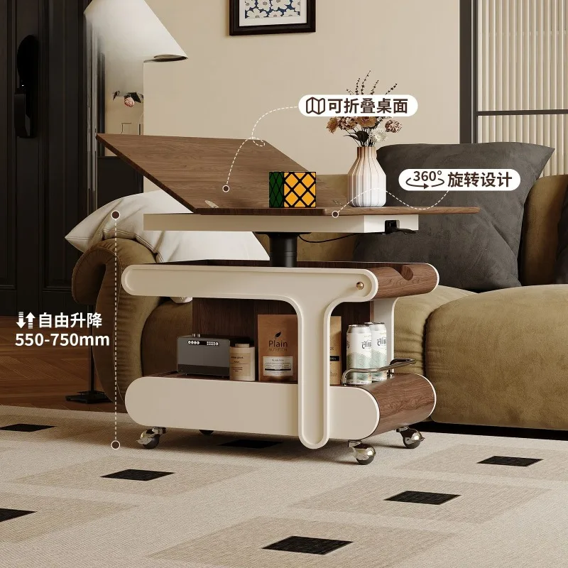 Rotating square French retro living room side table movable lifting multi-functional small apartment folding cart coffee table