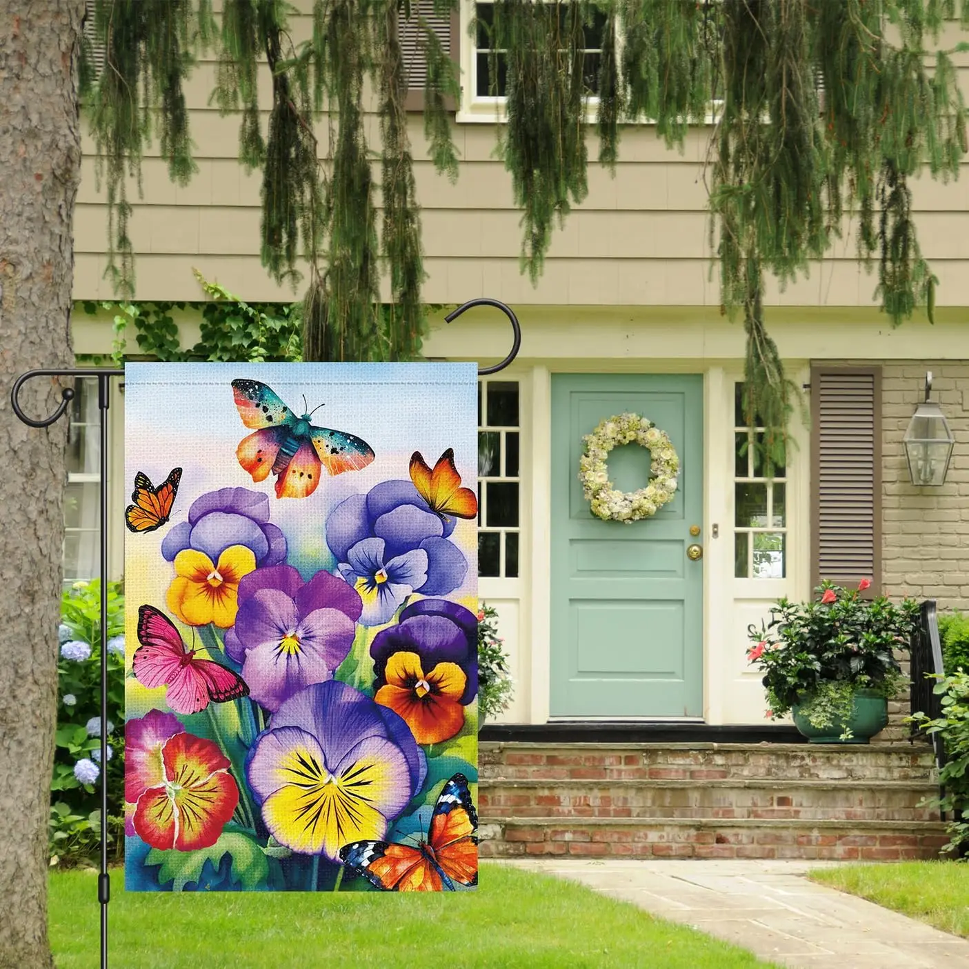 Louise Maelys Welcome Spring Garden Flag 12x18 Double Sided Vertical, Burlap Small Pansy Floral Hello Garden Yard Hous