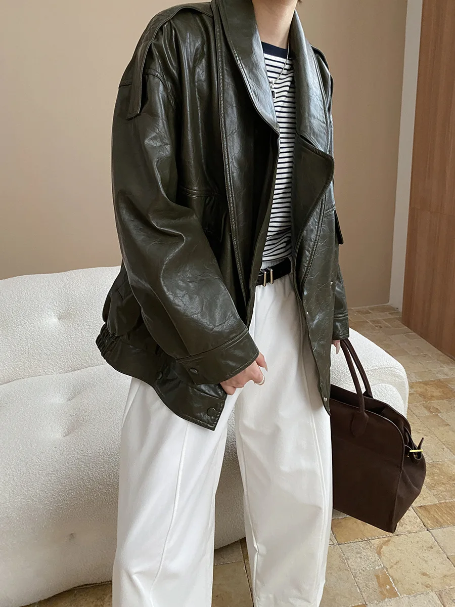 PU 가죽 이중 레이어 칼라 디자인, 루즈핏 가죽 재킷