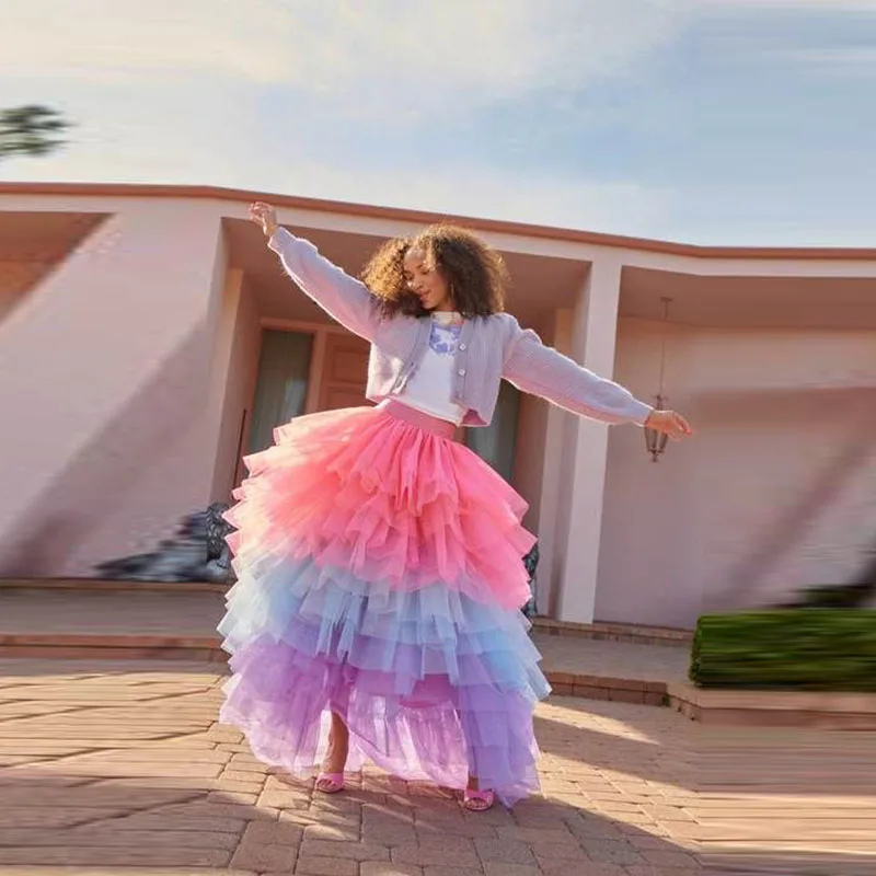 

Puffy Women Skirt Tiered Tulle Skirts For Lady To Birthday Party Elastic Waistband Saias Puffy Ruffles Female Maxi Skirts