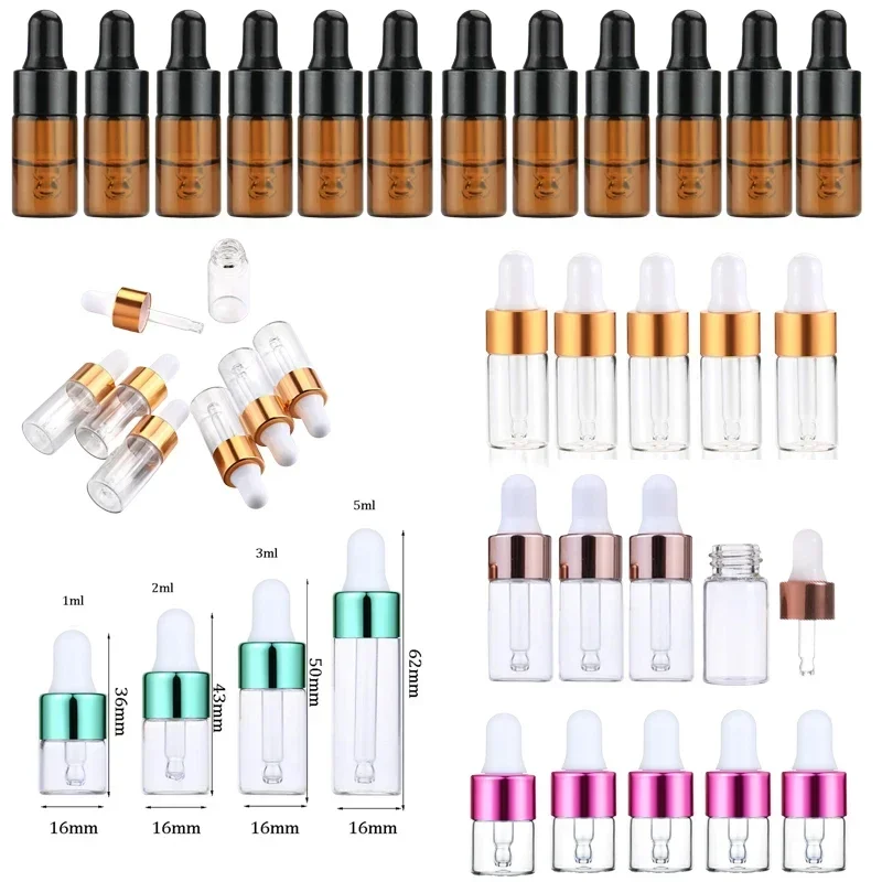 10Pcs 1/2/3/5ml Empty Mini Glass Essential Oils Dropper Bottles Perfume Sample Dropper Vials For Travel Cosmetic Aromatherapy