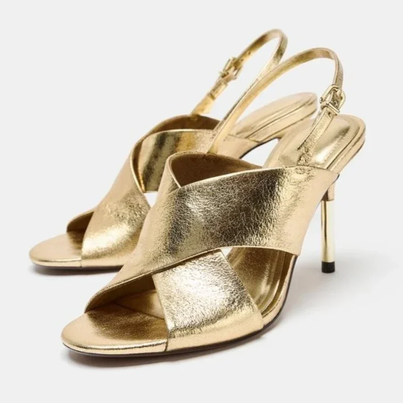

Luxury Cross Strap Design Gold High Heels Women Sexy Peep Toe Slingback Sandals Fashion Banquet Dress Designer Stiletto Shoes