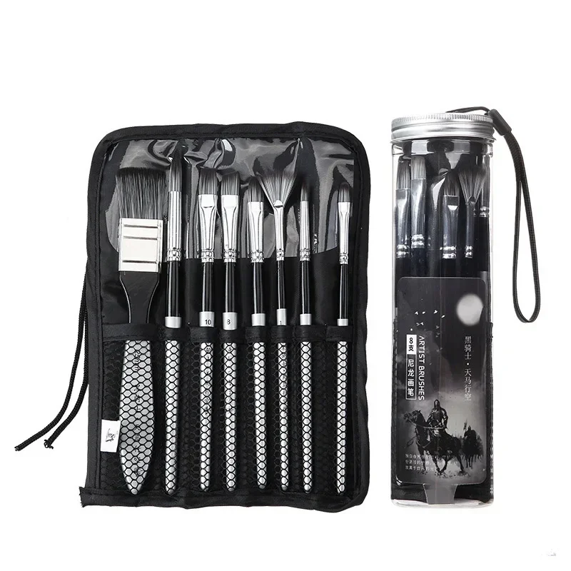 cloth wrapped nylon painting brush plastic bucket fan-shaped multi-function watercolor hook line pen board brush 8 pcs Gift set