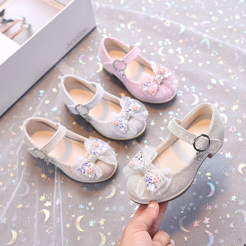 Spring Autumn Girl Dresses Casual Shoes Sweet Chic Children Fashion High Heel Shoes Non-slip Kids Princess Catwalk Leather Shoes