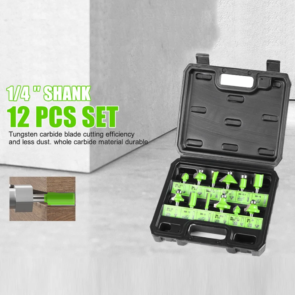 12 Piece 1/4 Inch Shank Carbide Tipped Router Bit Set For Woodworking For Edge Trimming Molding Cutting And Flush Trim Tools Kit