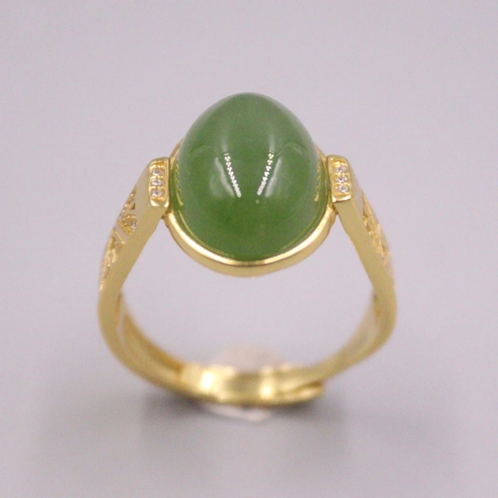 

Real Solid 925 Sterling Silver Band Natural Jade Jasper Green Oval Zircon Lucky Ring