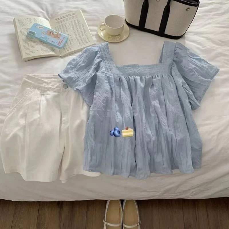 

Blue ort Sve irt Women's Summer Lightweight Maturi Design Doll irt Square Collar Korean Sle Loose Fit Blouse