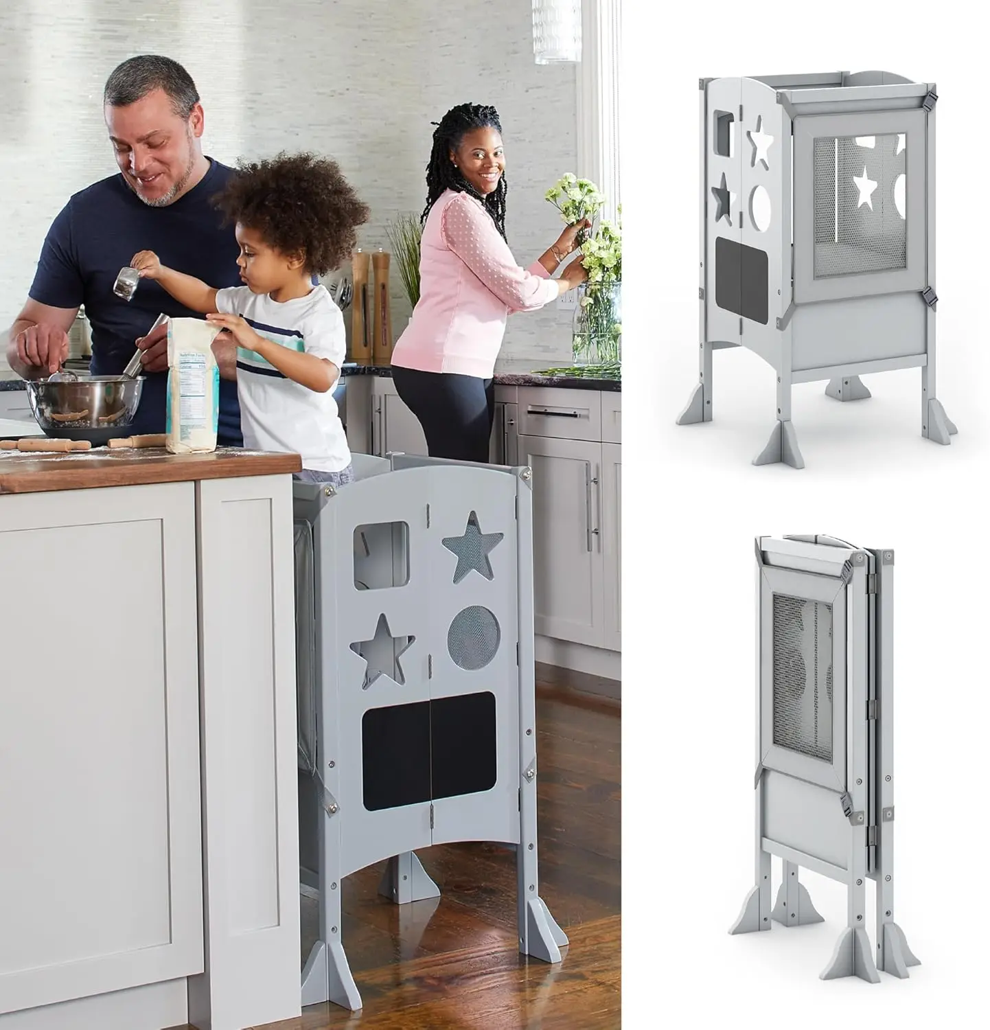 

Classic Kitchen Helper® Toddler Tower - Gray: Folding, Adjustable Height, Learning Step Stool for Kids, W/Chalkboard