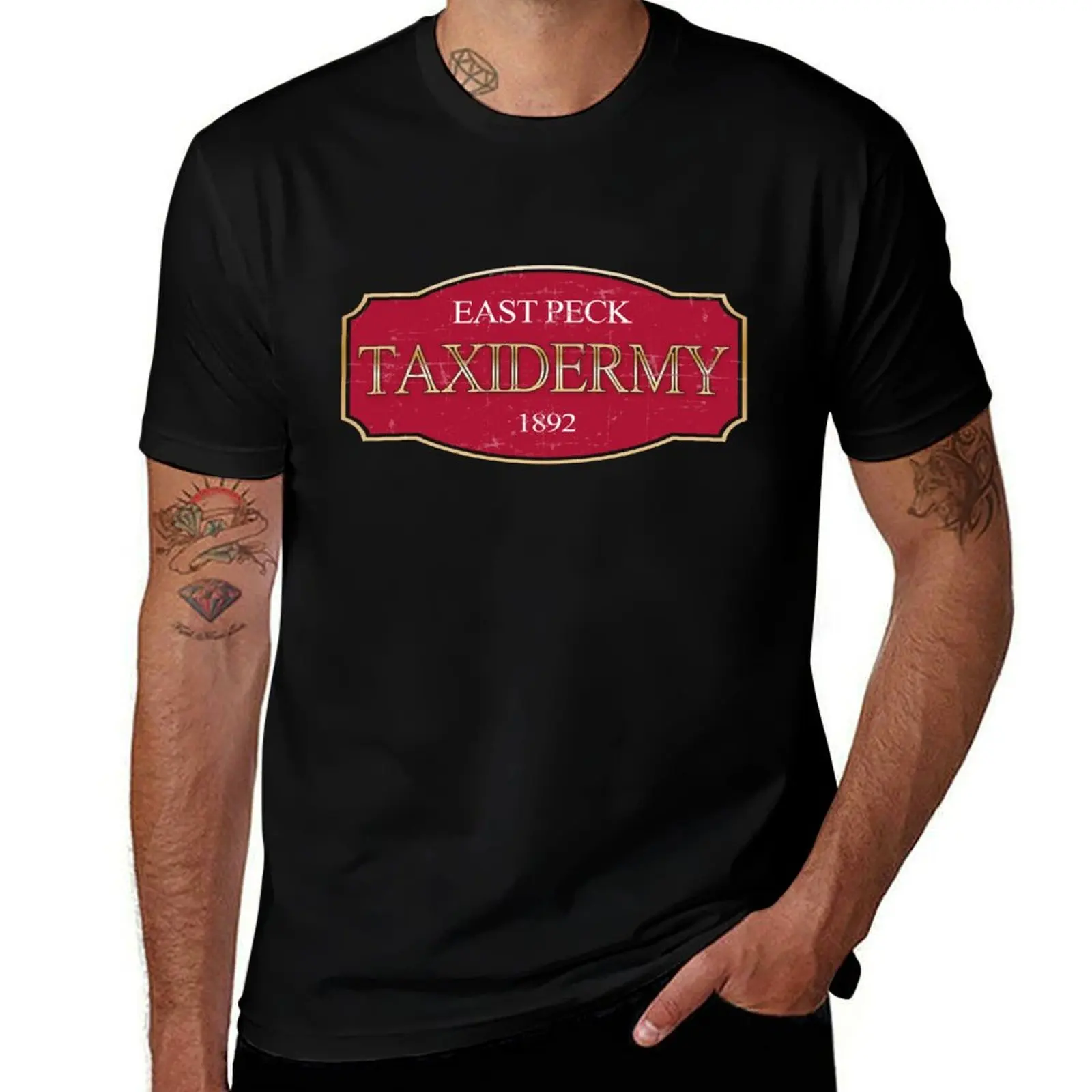 

East Peck Taxidermy logo from Trial and Error T-Shirt man t shirt designer funny t shirts dark humor T-Shirt