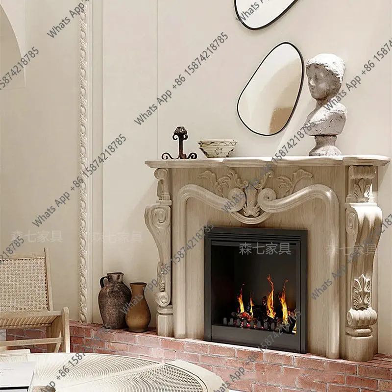Solid wood fireplace cabinet European carved fireplace decoration background wall Entrance cabinet Home simulation fire heating