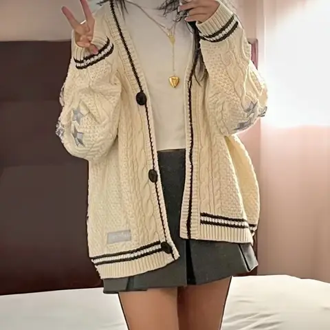 Folklore Cardigan with Star Embroidery Button Up Oversized Knit Jacket Cardigan Sweater Women Teenage Girls TS Concert Outfit
