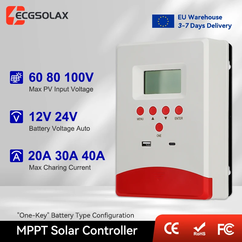 Contrôleur de charge solaire MPPT ECGSOLAX 20A 30A 40A 12V 24V automatique pour panneaux solaires, régulateur de charge de batterie PV 60V 80V 100V