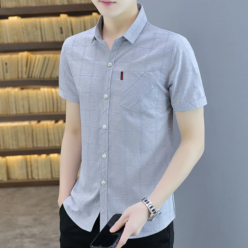 Cotton Gentleman Business Man Short Sleeve Shirts Summer Lapel Plaid Printed Tops Checkered T Shirt Chemise Homme Male