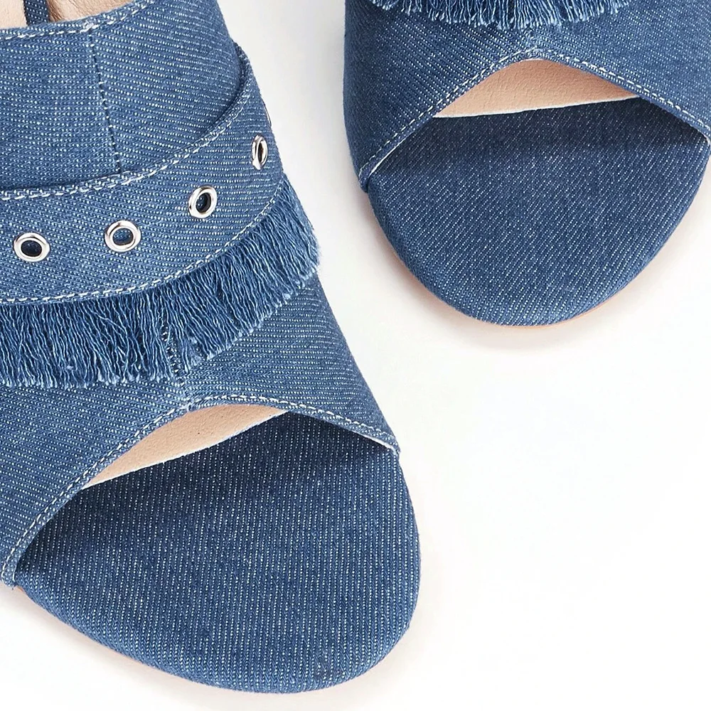 Sandalias elegantes para mujer, zapatos de tacón alto con punta abierta azul Demin, calzado informal para primavera y verano, tacón de bloque personalizado