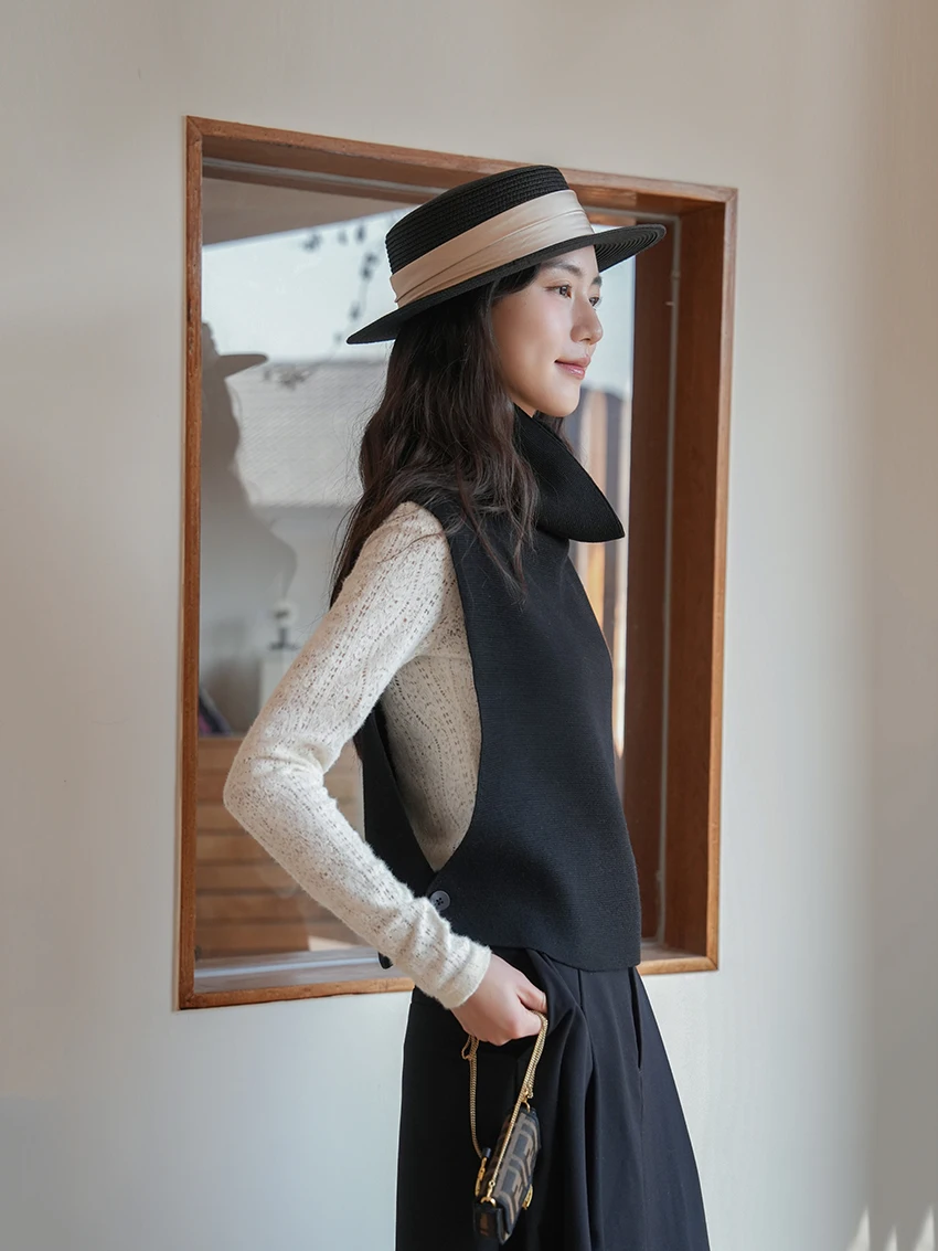 

High Collar Sweater Vest Faionable Blogger Sle Comfortable Knitted Women's Top Medium Softn Long Sve ort Length