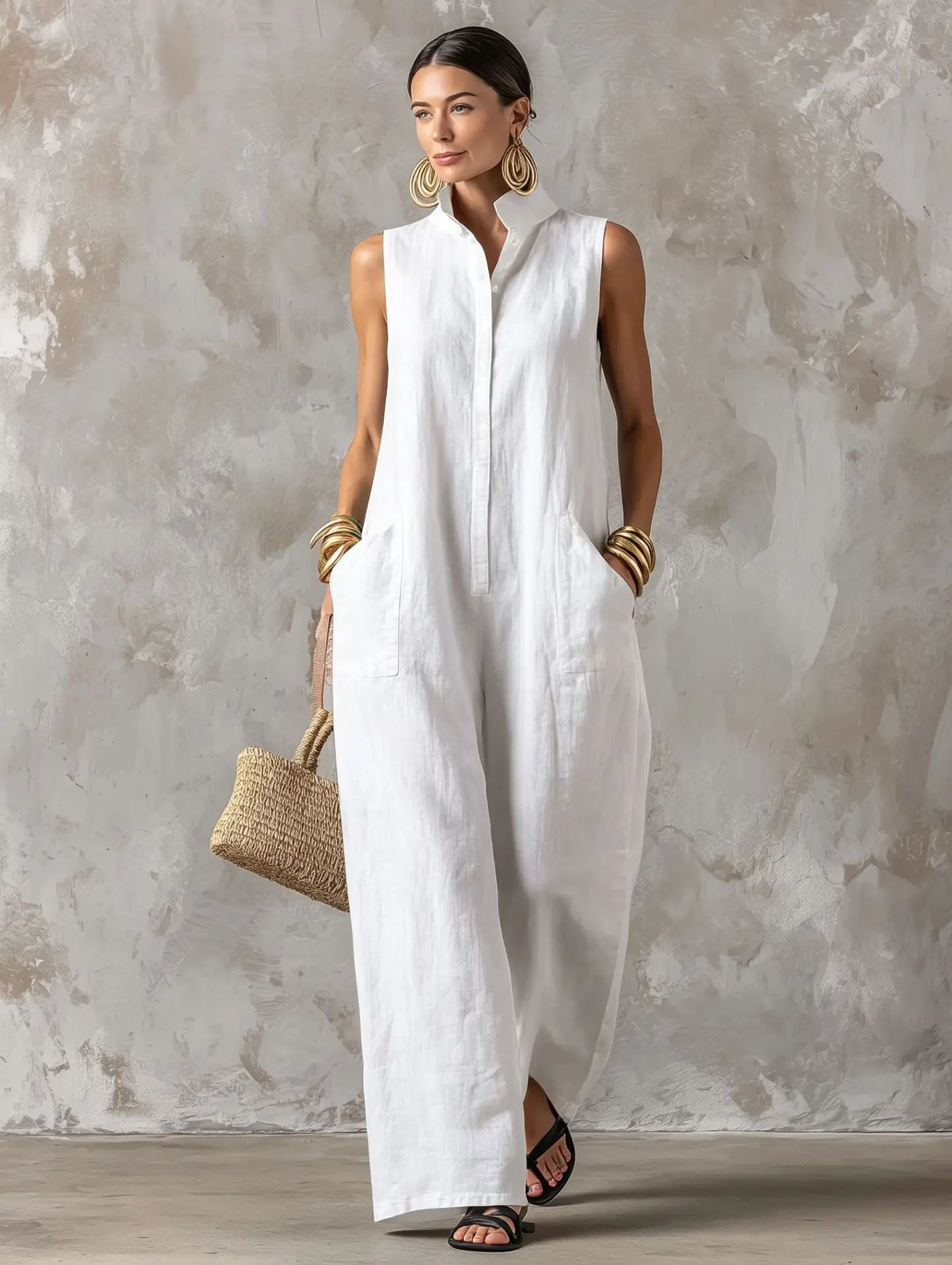 2026 Summer New Vacation Style Linen Blended Stand Up Collar Sleeveless Loose Single Breasted Jumpsuit