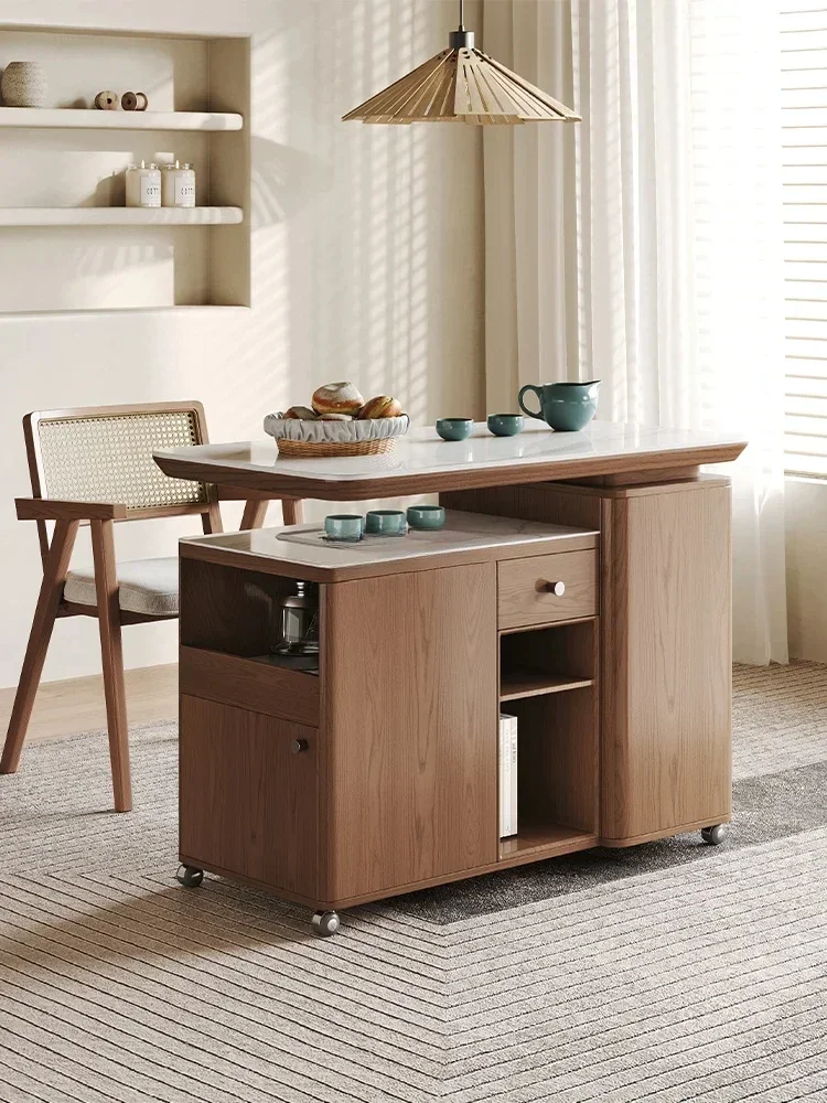 New Chinese Mobile Tea Table Household Solid Wood Ash Wood Small Tea Trolley Rotatable Tea Table