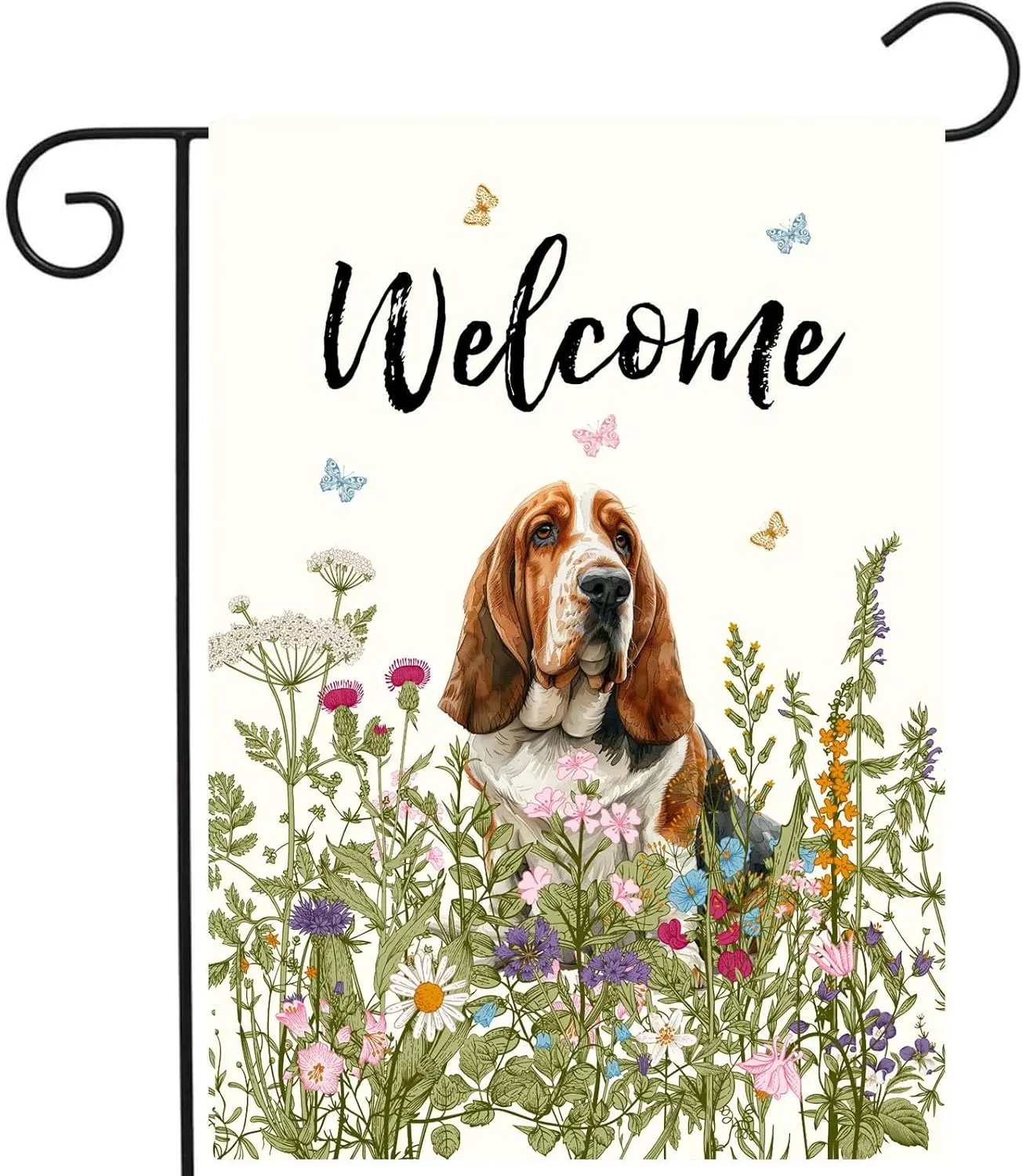 Spring Summer Garden Flag Floral Basset Hound Yard Flag Flower Dog Garden Flags for Outside Small Outdoor Welcome Flags 12x1 EEZ