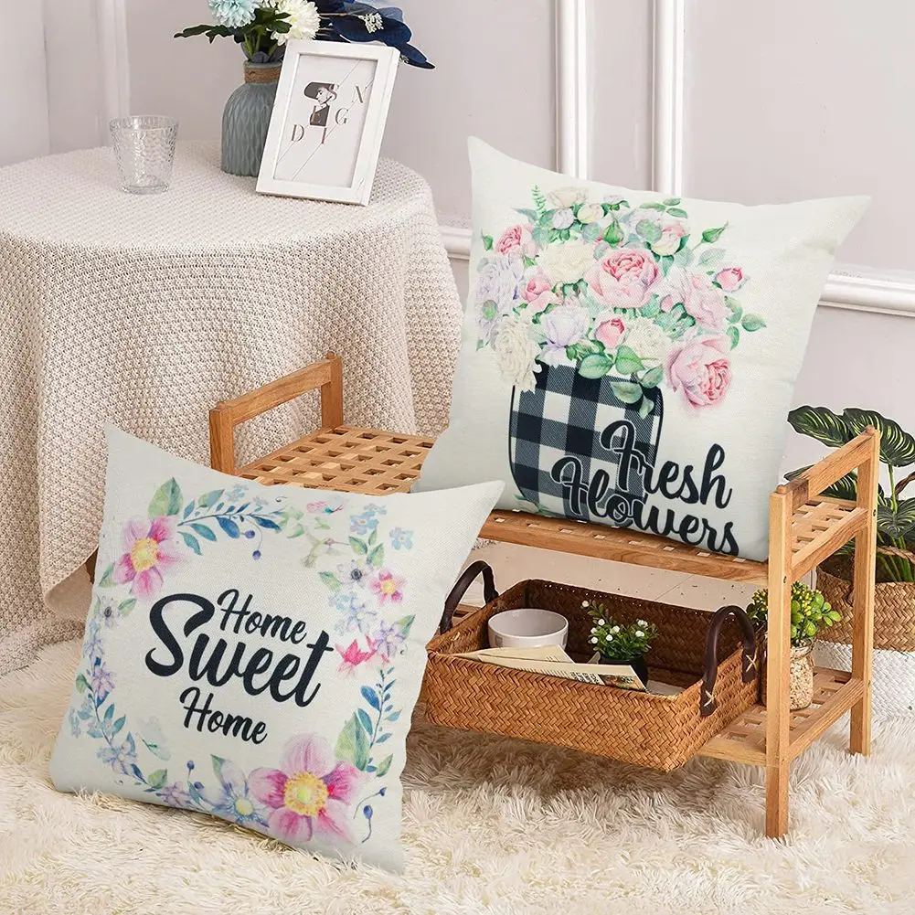 A56T-Spring Pillow Covers 18X18 Set Of 4 Outdoor Farmhouse Throw Pillows Spring Decorations Cushion Cases For Home Decor