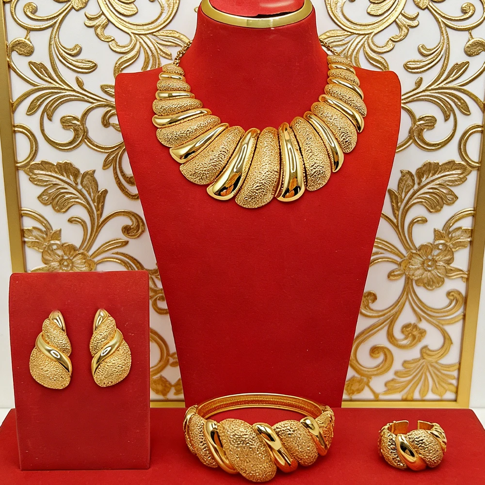 

Luxury Women's Large Necklace Earrings Bangle Ring Set for Ladies Classic Jewelry African Gold Color Jewelry Set for Daily Wear
