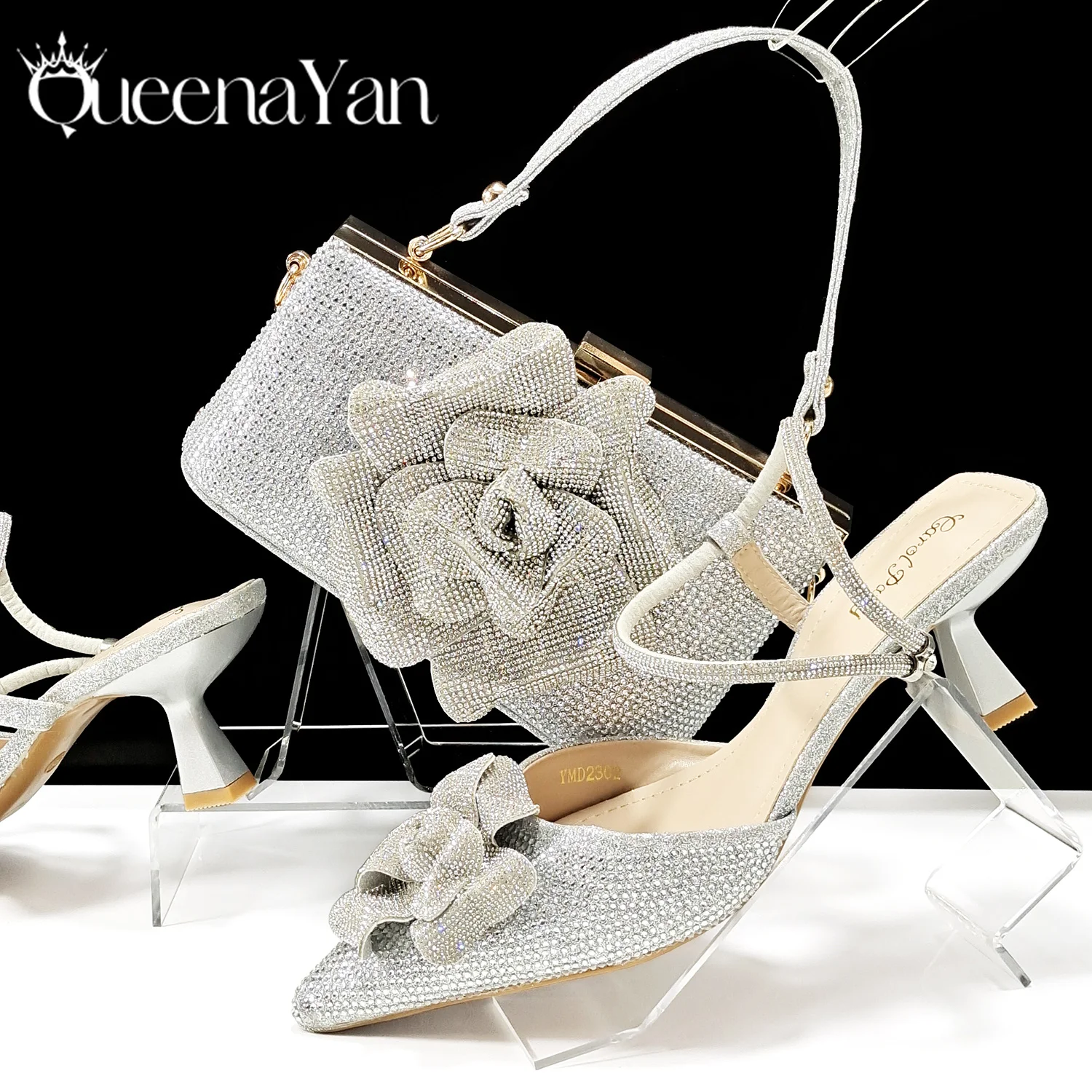 QSGFC Party Items! Italian Sweet Designed Irregular Bag and Stiletto Heel Diamond-Studded Handbag and Ladies Pointed Shoes