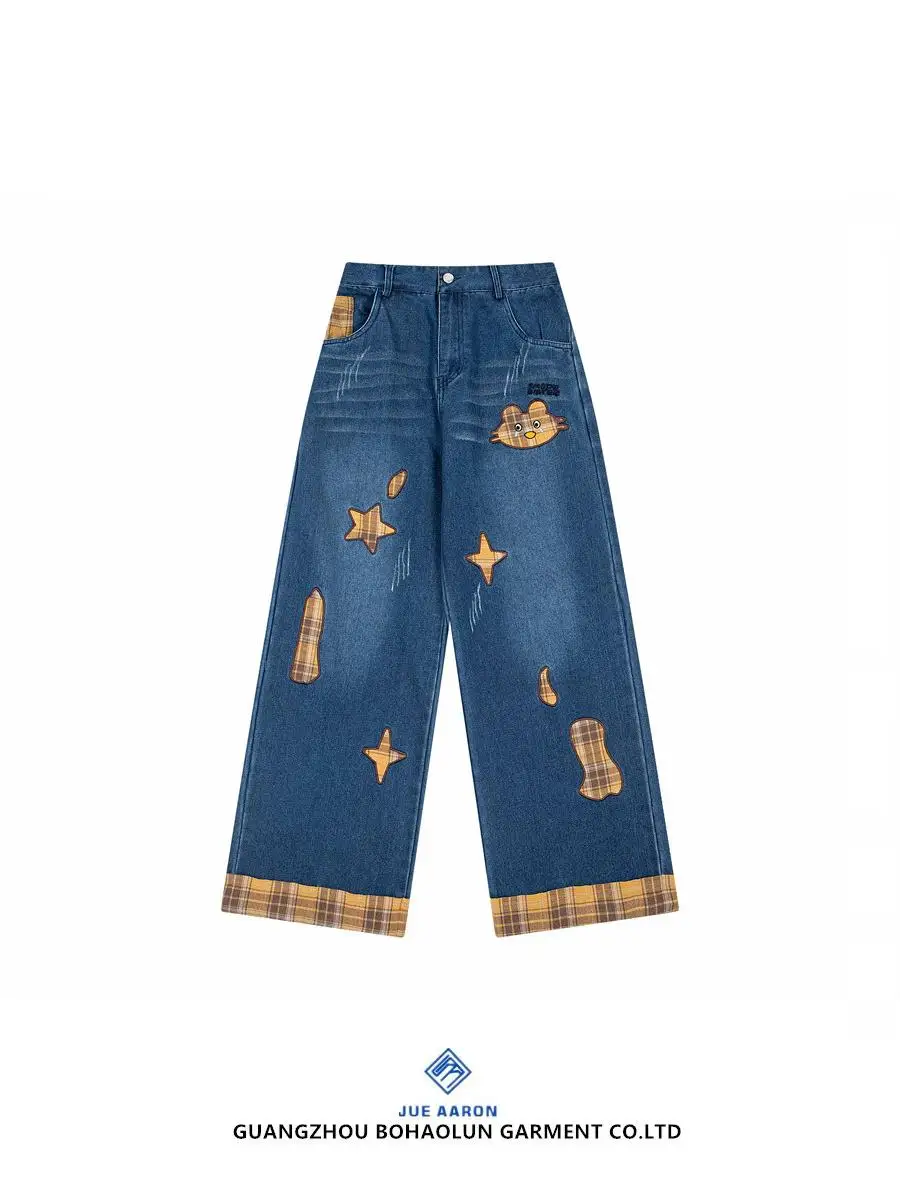 

JueAaron American Sle Kids Fun Vintage Heavy Embroidery Waed Jeans Loose Straight Patchwork Trendy Brand Pants