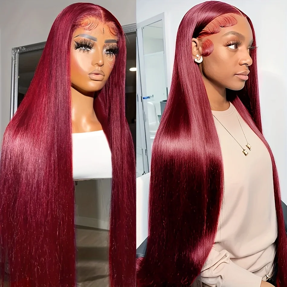 Gesstons Bone Straight Lace Front 99J Colored Human Hair Wigs For Women 30 40 Inch Burgundy 13x4 Hd Lace Frontal Human Hair Wig