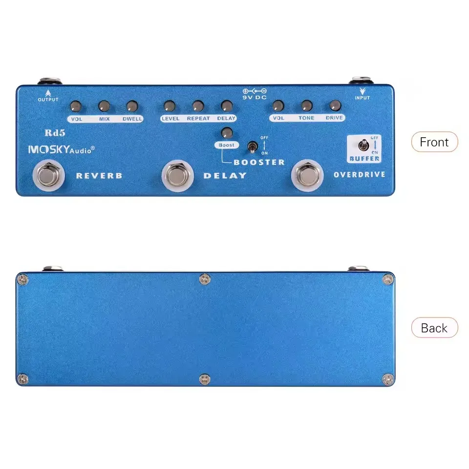 MOSKY RD5 5-in-1 Guitar Multi-Effects Pedal 6-in-1 Reverb + Delay + Booster + Overdrive + Buffer with True Bypass Buffer Pedal