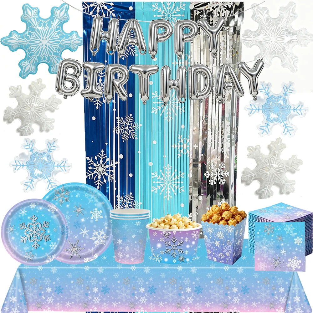 Frozen Birthday Party Supplies Snowflake Plates Napkins Cups Snacks Bowls Snow Foil Balloon Banner Winter Frozen Themed Decor