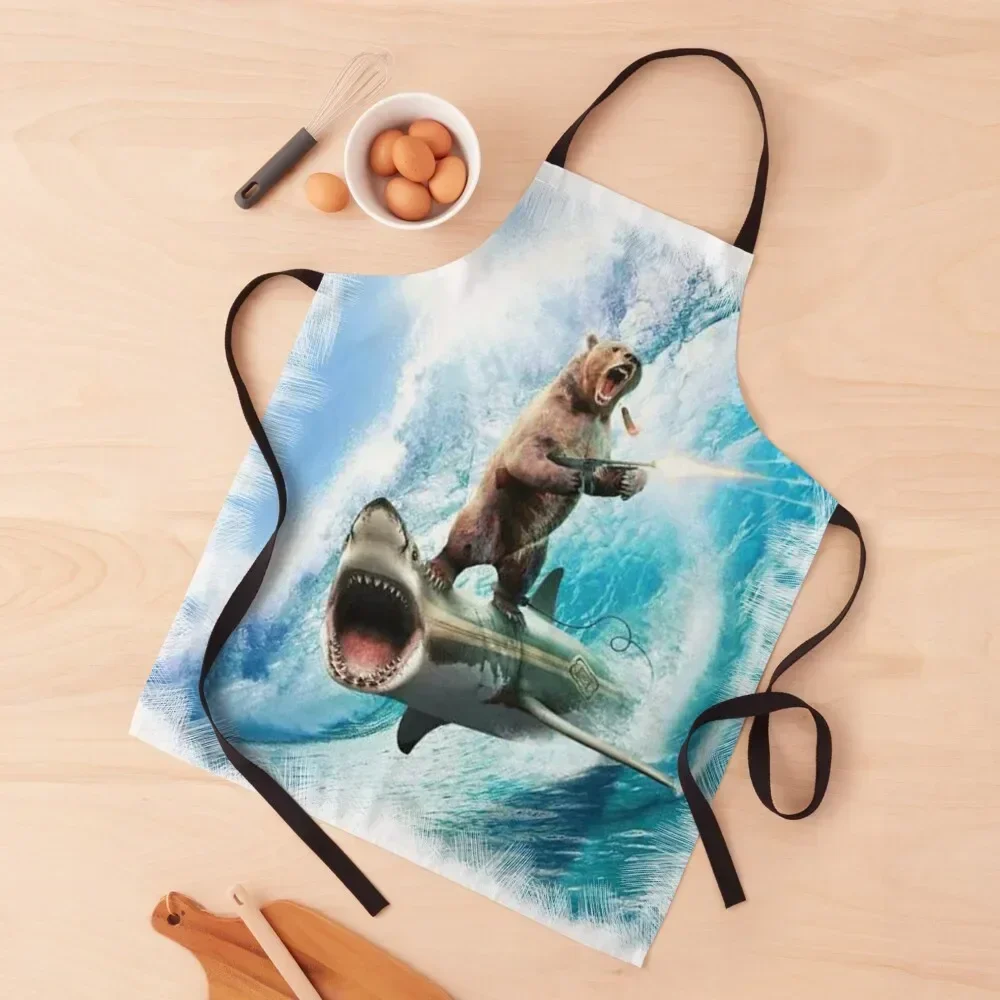 

Bear Surfing On Shark Apron christmas decoration Chef Uniform Woman kitchen clothes for men Home Supplies Apron