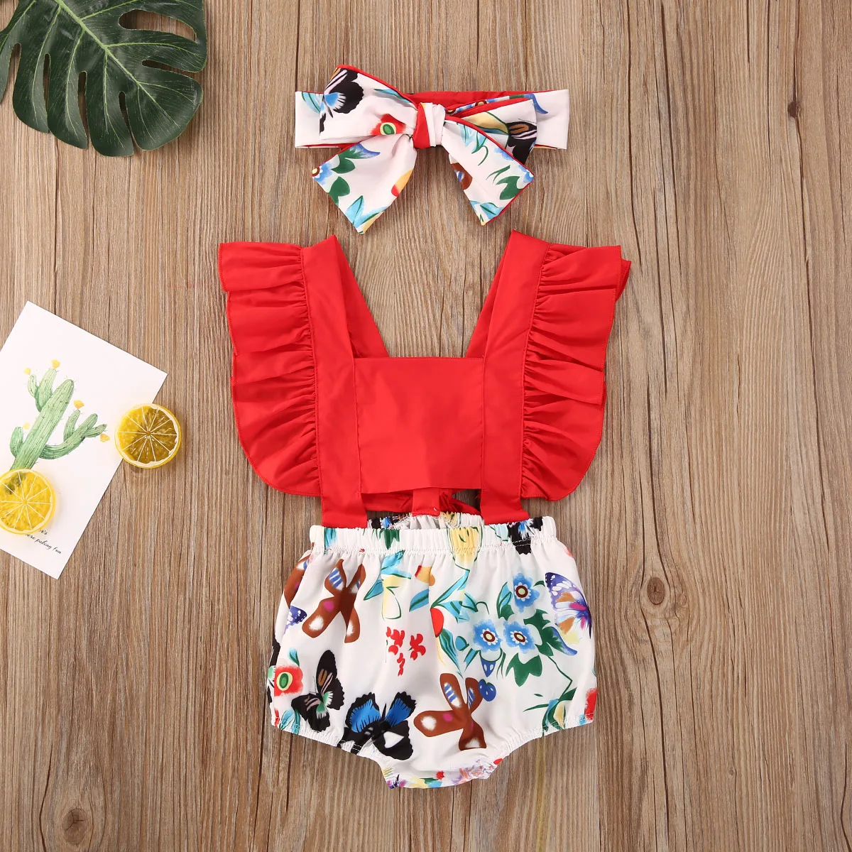 Summer Newborn Girls Sleeveless Rompers Ruffle Cotton Fruit Print Jumpsuits Headband Outfits Sunsuit Baby Clothing