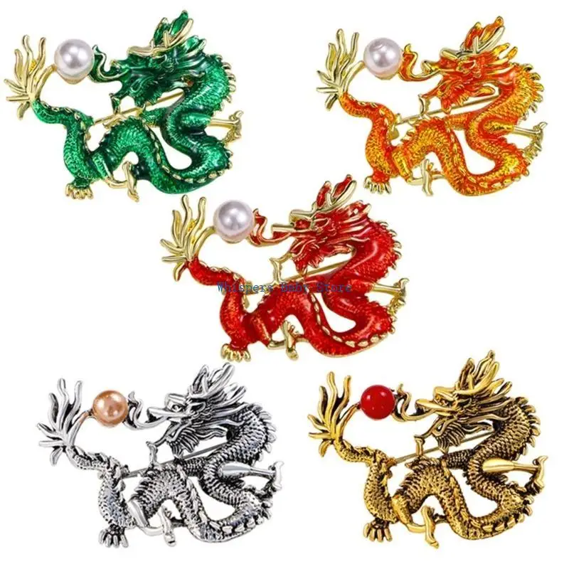 U90E Chinese Year Dragon Brooch Metal Enamel Pin Vintage Brooch Pin Dragon Corsage Pin Clothing Jewelry for Men and Women