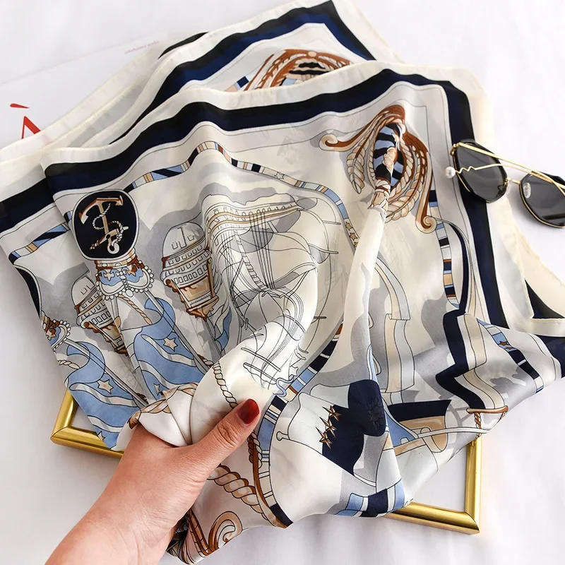 90*90 سنتيمتر النساء ساحة وشاح حريري العلامة التجارية الفاخرة شال كبير منديل طباعة عقال الإناث فولارد باندانا يلتف الحجاب الأوشحة #4