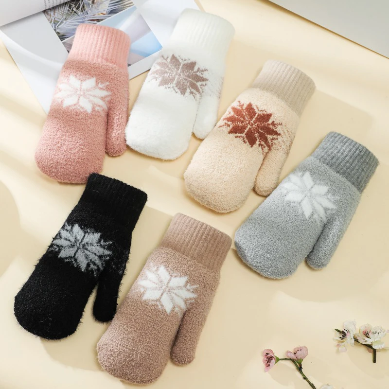 

Ins Cute Snowflake Lamb Wool Winter Finger Warm Gloves Students Thickened Cold Wrapped Finger Double Layer Gloves