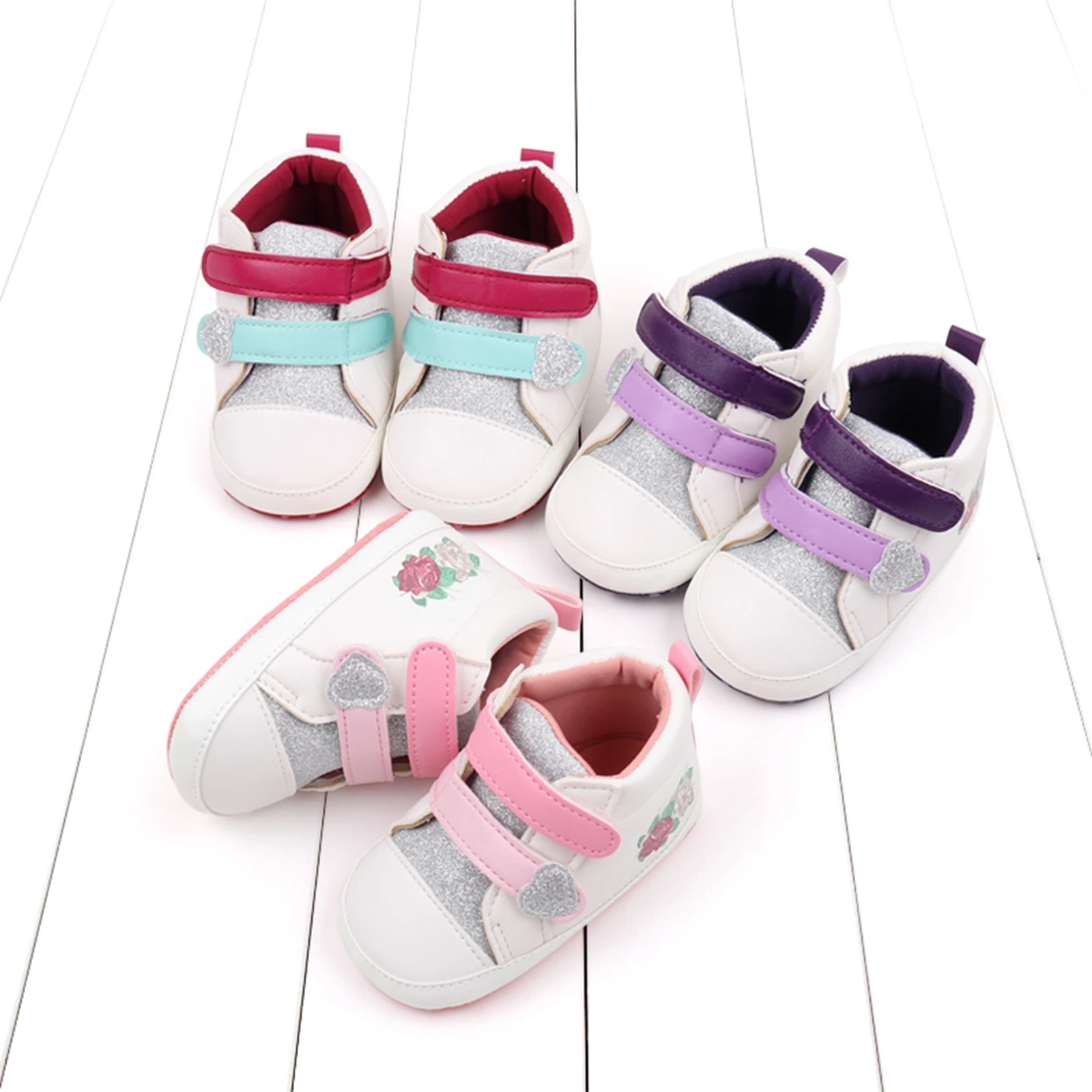 

Baby Girl Shoes Cute Lightweight Soft Non-Slip Side Flower Print PU Upper Sparkle High Top Shoes Newborn Infant Walking Shoes