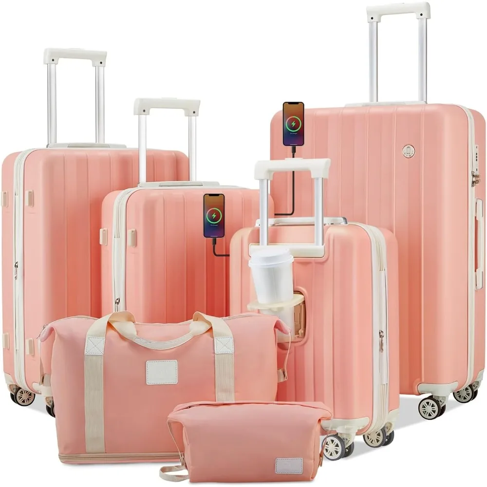 4 Piece Expandable Suitcase Set,Hardside Carry on Luggage with USB Port Cup Holder, Travel Luggage with Wheels TSA Lock