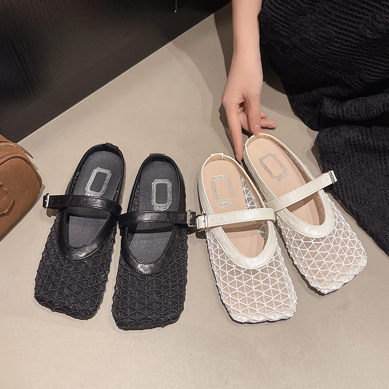 

New Style Fashion Breathable Mesh Leather Half Slippers for Women Summer Commuting Mom Dopamine Flat Bottom Zapatos Mujer