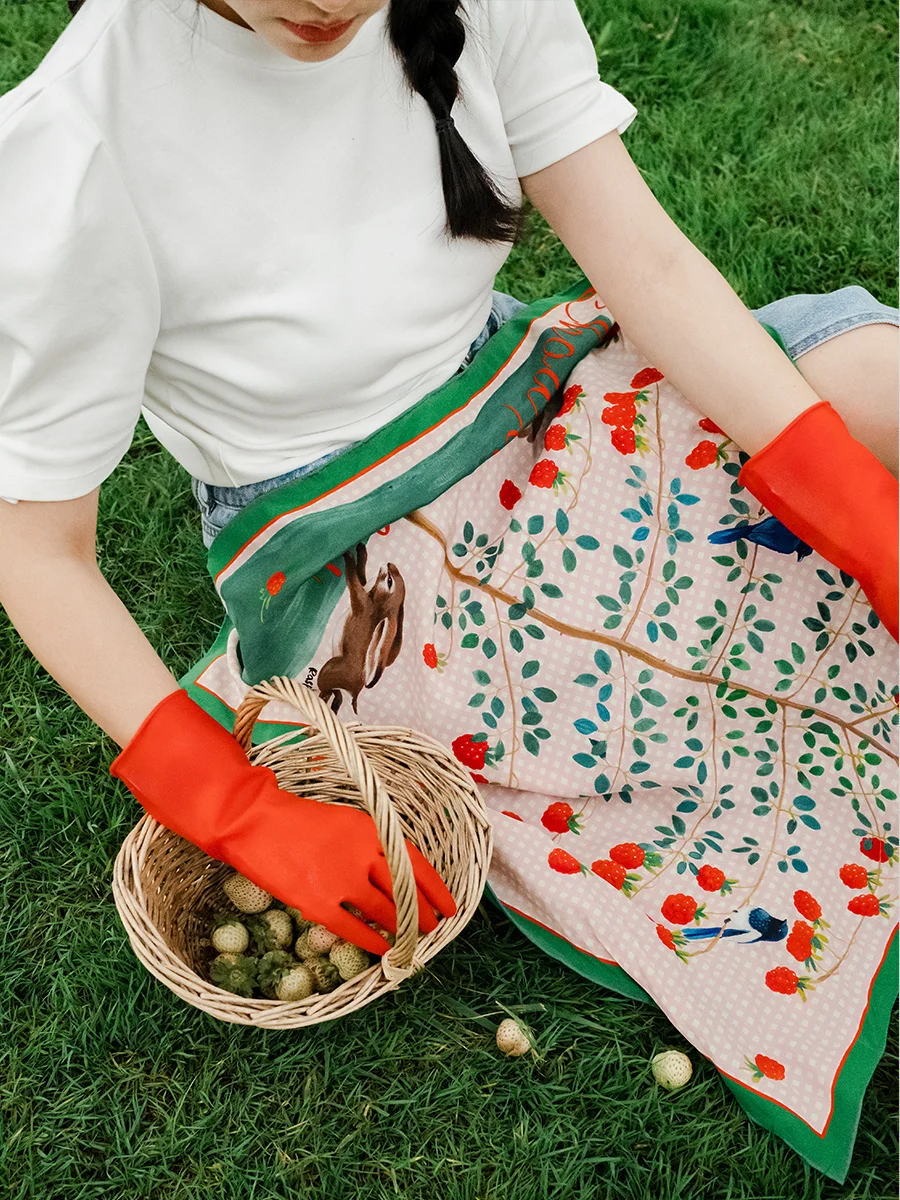 

Romantic Original Double Sided Silk Twill Square Scarf by Zhou Xiaodou Wild Walk Series Cute Hand Painted Country Style