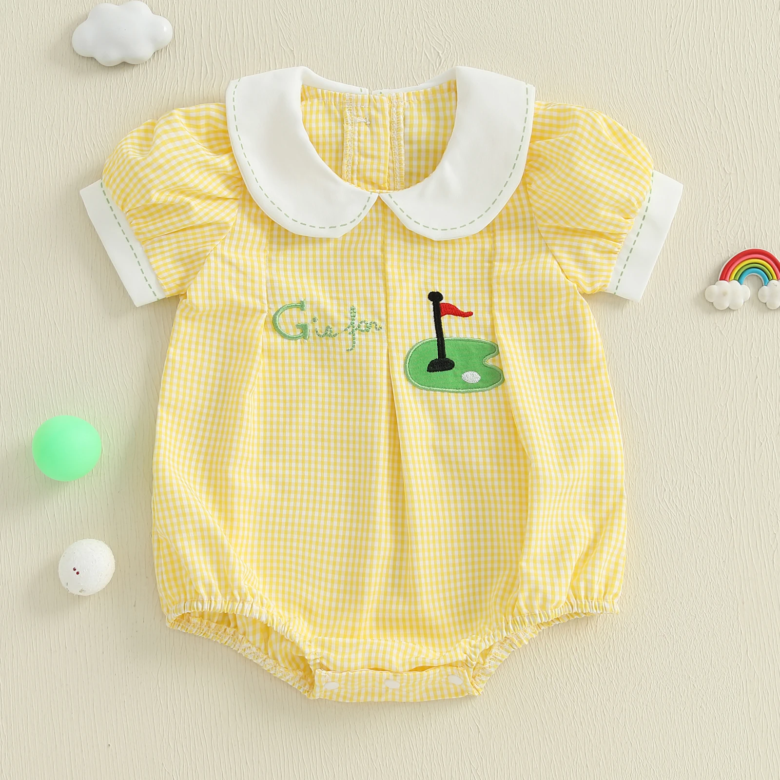 

VISgogo 0-18 Months Baby Romper for Summer Loose Fit Golf Embroidery Plaid Doll Collar Short Sleeve Infant Jumpsuit