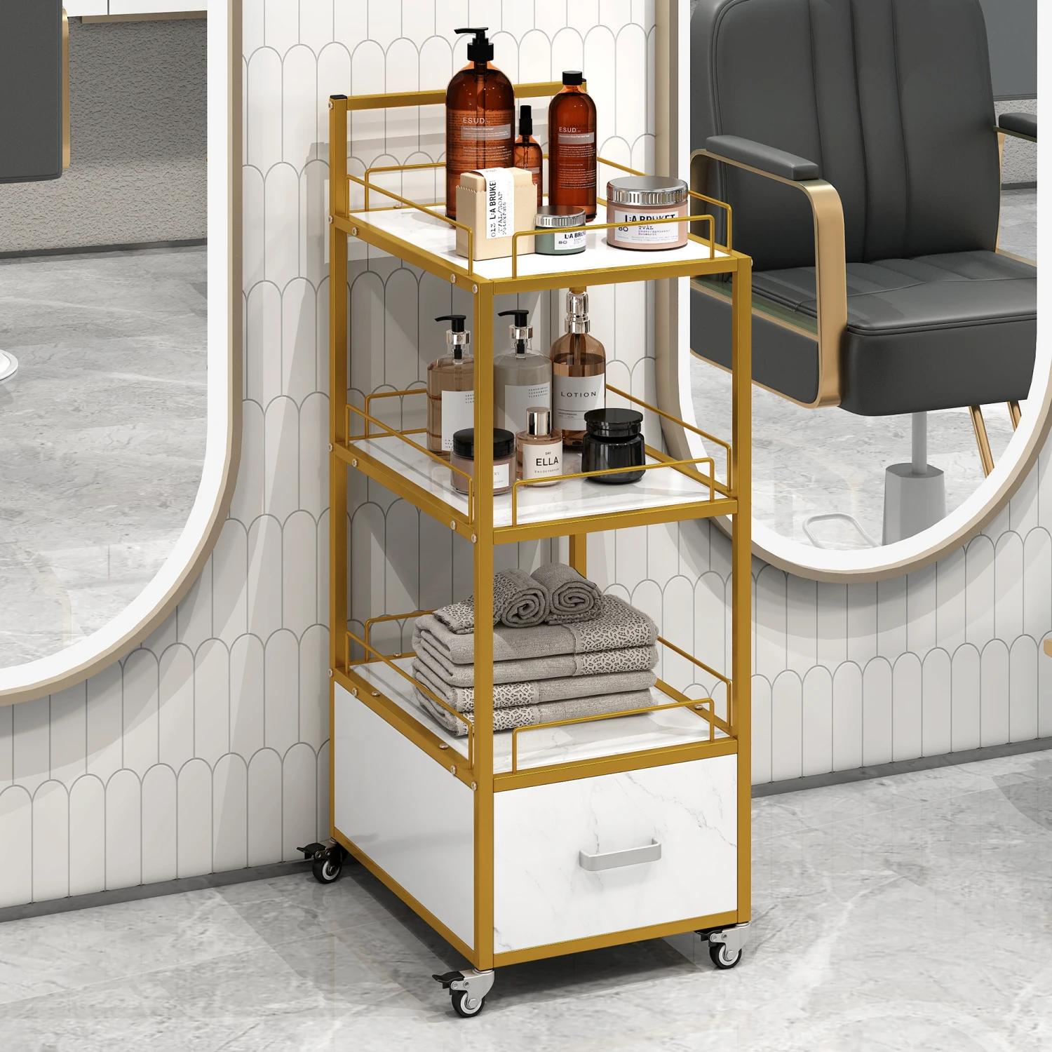 Beauty Salon Storage Trolley Cart,with Lockable Rolling Wheels,Metal Frame Marbled Board,Drawer Barber Salon Furniture,white