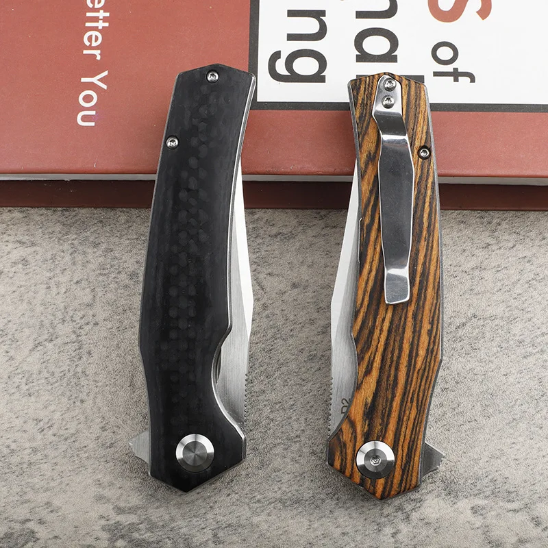 RHON 3.85inch EDC Foable Knife High Carbon D2 Tanto Blade Outdoor Camping Fliper Folding Pocket Knives with Carbon Firber Handle - view 6