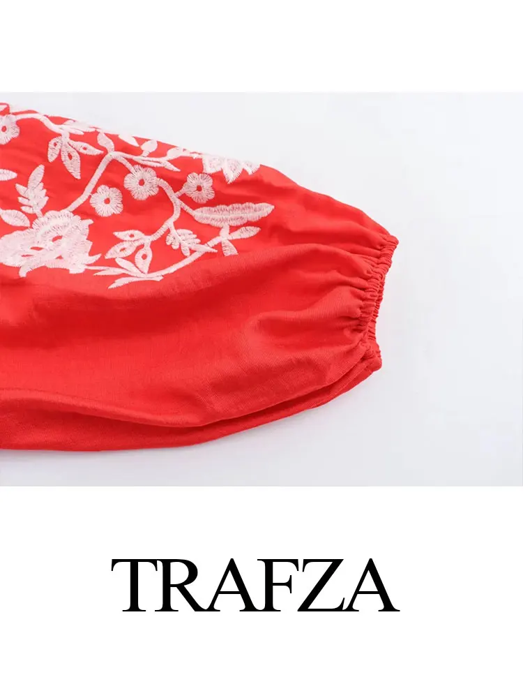 TRAFZA Women Fashion Floral Embroidered Blouse Loose Casual V Neck Long Sleeve Shirt 2024 Female Streetwear Red Shirts Top TRAF