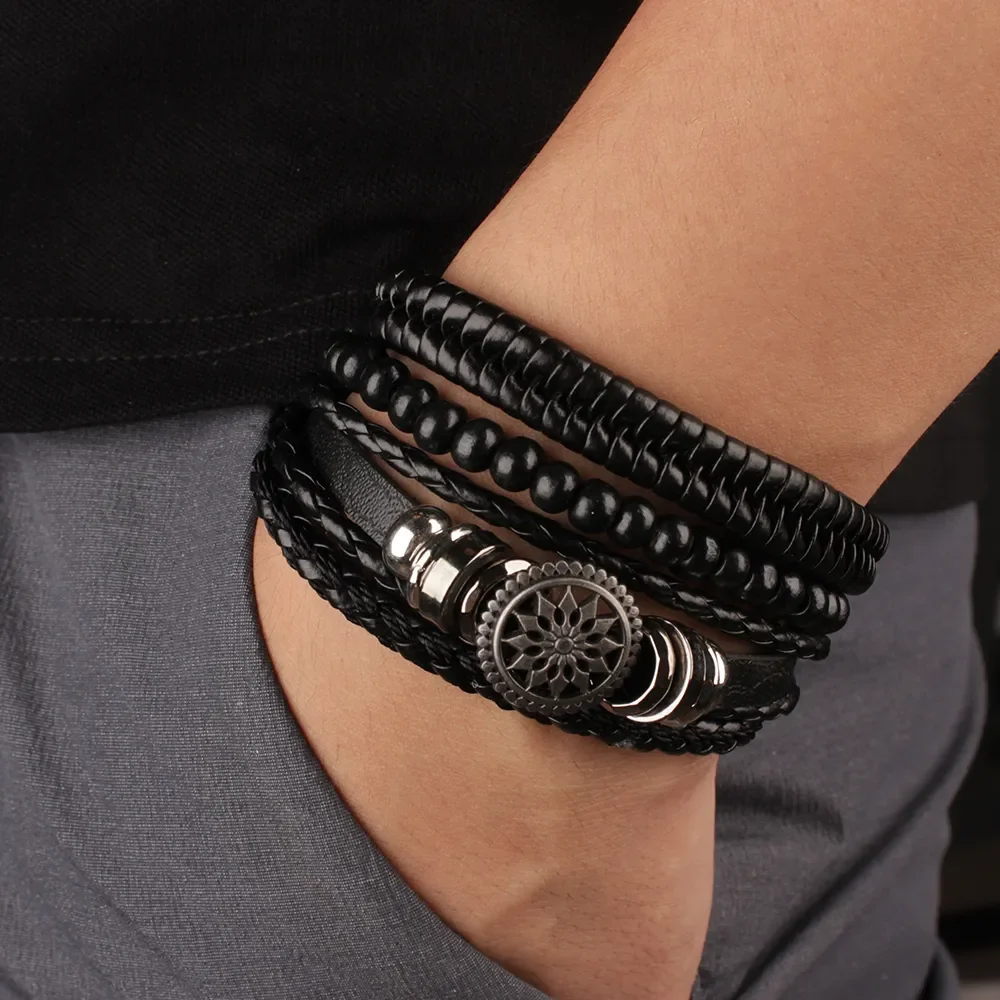 Men Braided Wrap Leather Bracelets For Men Vintage Life Tree Rudder Charm Wood Beads Ethnic Tribal Wristband Rope Bracelet 1Set