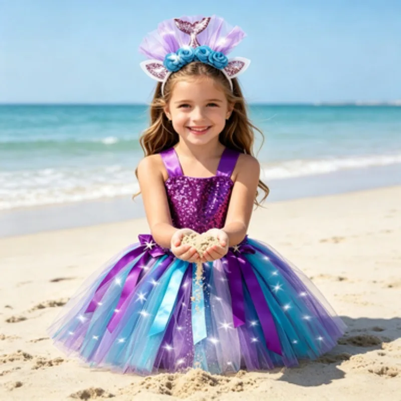 

Girls LED Flash Tulle Princess Dress, Kids Glowing Starfish & Seashell Tutu Dress, Sleeveless Halloween Party Dress for Girls