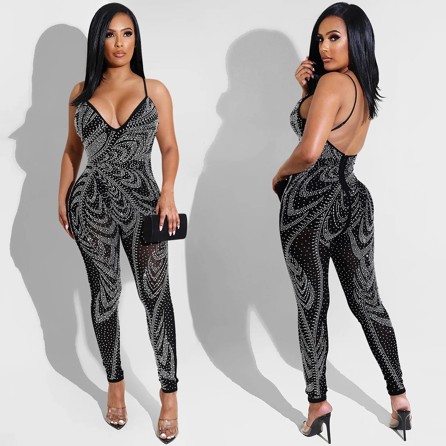 

X5280 Summer New Product Women's Sexy Nightclub Mesh Perspective Milk Silk Sling Pants Jumpsuit