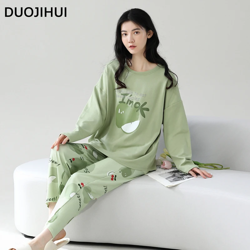 DUOJIHUI Green Fashion Print Casual Home Pajamas for Women Basic O-neck Pullover Loose Simple Pant Pure Color Female Pajamas Set